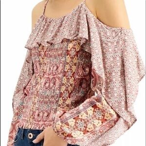 INC Women's Blouse Red Size Small XS Cold-Shoulder Ruffle Smocked $69